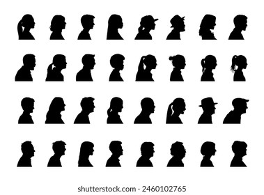 People face profiles side view black silhouette set collection. Men and women side face avatar portrait different age black silhouette.