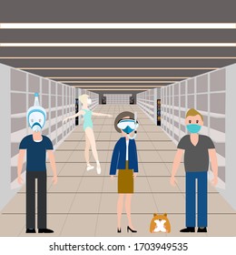 People in face protection, diving mask and hamster in the supermarket, shopping.  Vector illustration