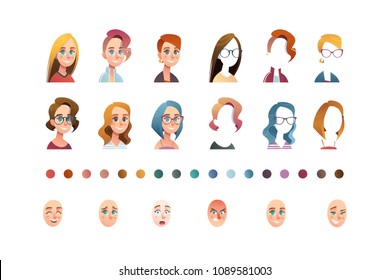 People face set creator. Flat icon. Person avatar illustrations. Young woman. Cartoon style, isolated vector. Different skin and hair colour.