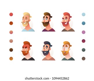 People face set creator. Flat icon. Person avatar illustrations. Young hipster man. Cartoon style, isolated vector. Different skin and hair colour.