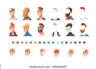 People face set creator. Flat icon. Person avatar illustrations. Young man. Cartoon style, isolated vector. Different skin and hair colour.