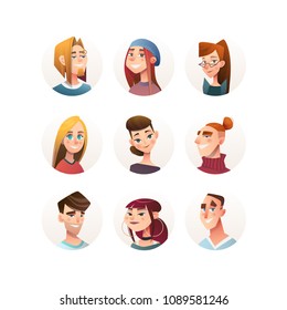 People face set. Flat collection. Vector graphic avatar icon, cartoon character.