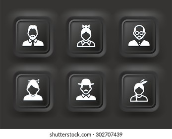 People Face Set on Black  Bevel Square Buttons