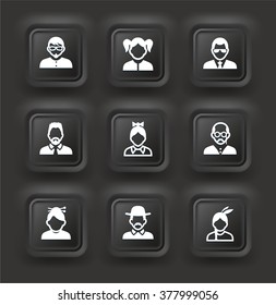 People Face Set on Black  Bevel Square Buttons