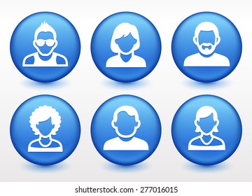 People Face Set on Blue Round Buttons