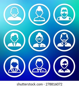 People Face Set on Blue Round Buttons