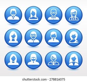 People Face Set on Blue Round Buttons