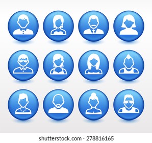 People Face Set on Blue Round Buttons