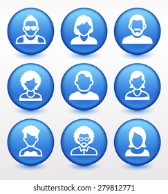 People Face Set on Blue Round Buttons