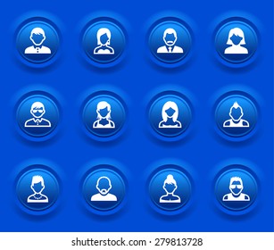 People Face Set on Blue Round Buttons