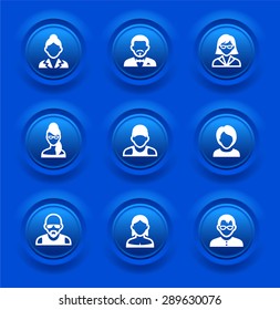 People Face Set on Blue Round Buttons