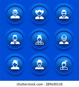People Face Set on Blue Round Buttons