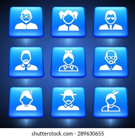 People Face Set on Blue Square Buttons