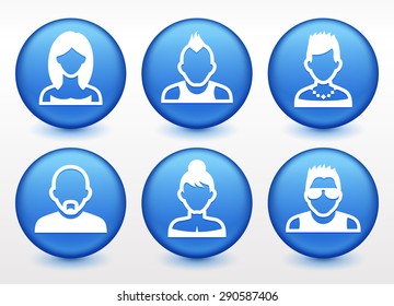 People Face Set on Blue Round Buttons