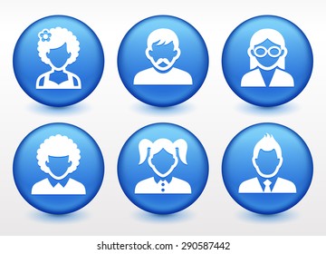 People Face Set on Blue Round Buttons