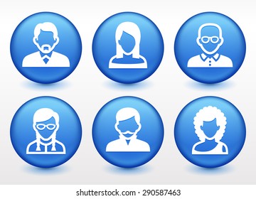 People Face Set on Blue Round Buttons