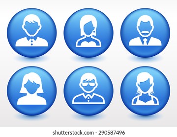 People Face Set on Blue Round Buttons