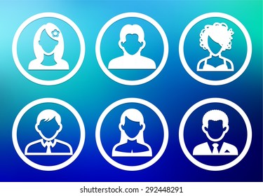 People Face Set on Blue Round Buttons