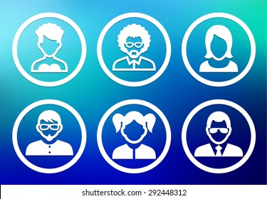 People Face Set on Blue Round Buttons