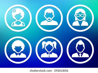 People Face Set on Blue Round Buttons