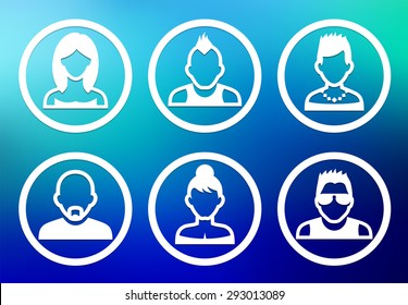 People Face Set on Blue Round Buttons