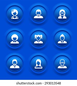 People Face Set on Blue Round Buttons