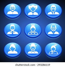 People Face Set on Blue Round Buttons