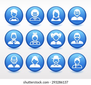 People Face Set on Blue Round Buttons