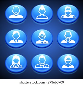 People Face Set on Blue Round Buttons