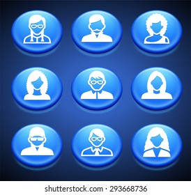People Face Set on Blue Round Buttons