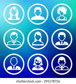 People Face Set on Blue Round Buttons