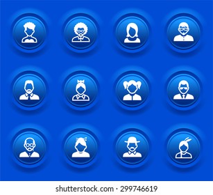 People Face Set on Blue Round Buttons