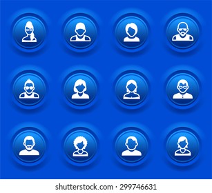 People Face Set on Blue Round Buttons