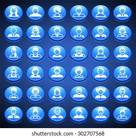 People Face Set on Blue Round Buttons
