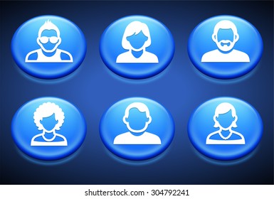 People Face Set on Blue Round Buttons