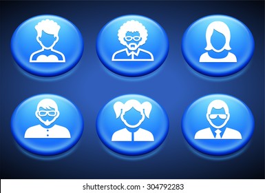 People Face Set on Blue Round Buttons
