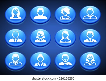 People Face Set on Blue Round Buttons