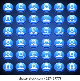 People Face Set on Blue Round Buttons