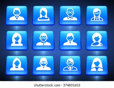 People Face Set on Blue Square Buttons
