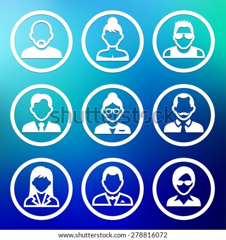 People Face Set on Blue Round Buttons