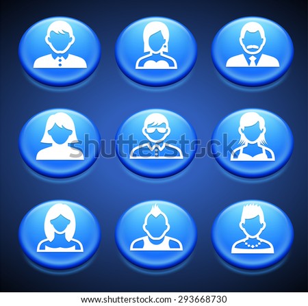 People Face Set on Blue Round Buttons