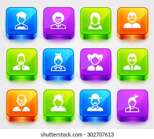 People Face Set on Color Square Buttons