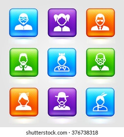 People Face Set on Color Square Buttons