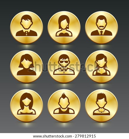 People Face Set on Gold Round Buttons