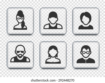 People Face Set on Transparent Square Buttons