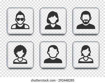 People Face Set on Transparent Square Buttons