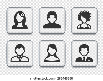 People Face Set on Transparent Square Buttons