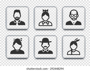 People Face Set on Transparent Square Buttons