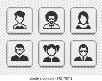 People Face Set on Transparent Square Buttons