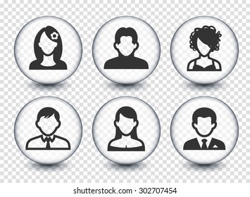 People Face Set on Transparent Round Buttons
